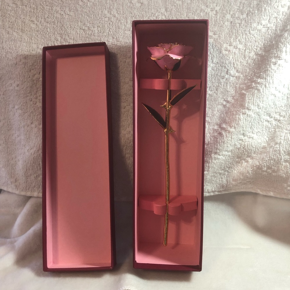 Gold plated pink rose with gift giving box from local jeweler